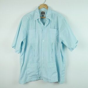 San Cristobal Guayabera Shirt Mens XL Blue Check Cotton Short Sleeve Pleated